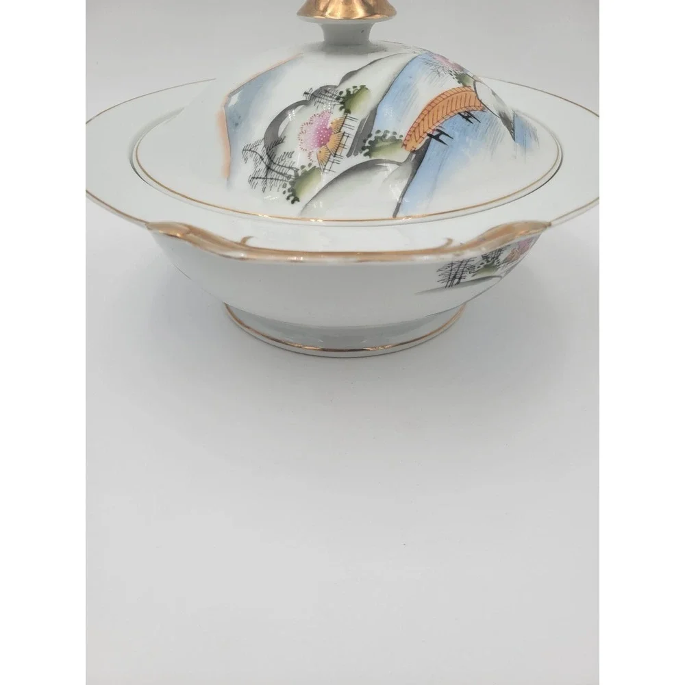 Kutani China Tureen Japan Bridge Textured pink trees KUT21‎ bowl lid AS-IS